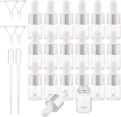 Obrázok produktu pre Sada 30 priehľadných sklenených pohárikov (5 ml) so striebornými dózami, lievikmi a pipetami