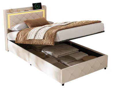 Obrázek produktu pro Čalouněná postel 90 × 200 cm – postel s hydraulickým úložným prostorem – čelo s úložným prostorem – LED osvětlení – USB nabíjecí stanice – samet