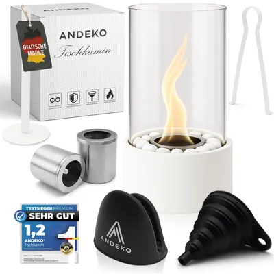 A product shot of a table-top bioethanol fireplace and its accessories, presented on a white background.