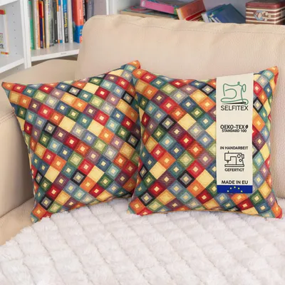 Produktbild von Selfitex 2er Set Bunte Couchkissen 40x40 cm, Sofakissen mit Füllung und Bezug, kuschelweiches Lesekissen, dekoratives Fernsehkissen, Deko- und Kopfkissen, Rückenkissen, Muster: Diamond