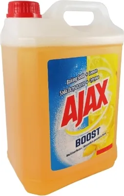 A large plastic bottle of cleaning liquid with a red cap.