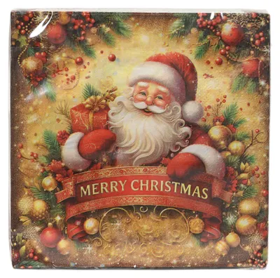 Eine quadratische Papierservierte mit einem bunten Vintage-Weihnachtsmann-Motiv und dem Schriftzug Merry Christmas.