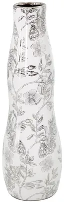 Image de EUROFIRANY | Vase - Vase de table - Vase à fleurs - blanc argenté - 11 x 35 cm - à motifs floraux - Vase en céramique - Vase décoratif