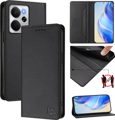 Immagine prodotto di Custodia in pelle per Realme 14, flip case con slot per carte, portafoglio e supporto Nero