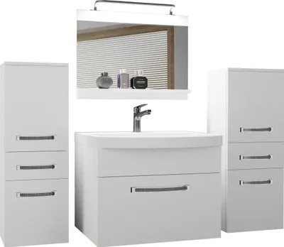 Produktbild von BELINI Badmöbel Vollausstattung Set Waschbeckenschrank, 2x kleiner Schrank, Waschbecken, Spiegel, Lampe (Weiß, Matt)