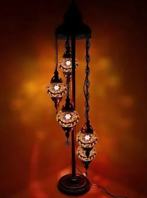 Produktbild von Turkische Mozaik Vloerlampe Handgemacht in Braun mit 5 Glaskugeln – Orientalische Dekoration für Ihr Zuhause