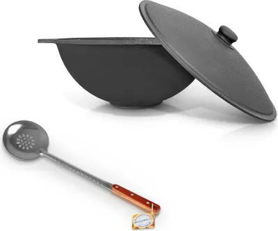 Produktbild von Set - Gusseisenkasan, Aluminiumdeckel, flacher Boden, 22 l, Ø 52,7 cm + Schaumlöffel 48 cm