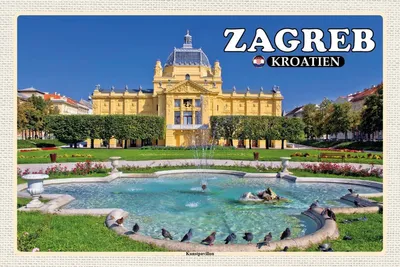 Produktbild von vianmo Holzschild 12x18 cm Zagreb Kroatien Kunstpavillon Bildmotiv Reisemotiv Abenteuer Reisen