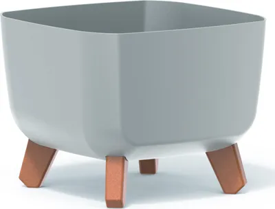 A light gray square planter with brown legs on a white background.