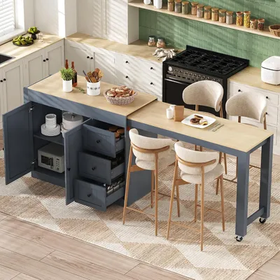 Immagine prodotto di Carrello da cucina con piano di lavoro estensibile e ruote, mobiletto da cucina con 3 cassetti e ripiani regolabili, isola da cucina mobile e autoportante, ideale per cucina e sala da pranzo (grigio)