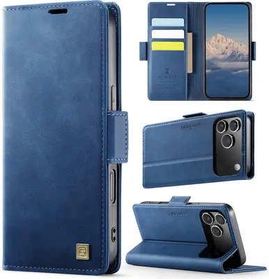 Produktbild von Lederhülle für iPhone 17 Pro Max, RFID Schutz Handyhülle mit Magnetverschluss, Kartenfächern und Ständer Blau