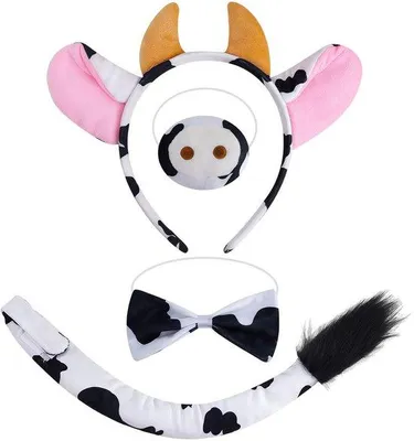 Produktbild von Kuh-Kostüm, 4-teiliges Set – Kuhhörner – Kuh-Nase – Schmetterlingskrawatte – Schwanz – Perfekt für Karneval/Cosplay – Tierkostüm