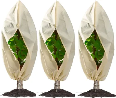 Image de Lot de 3 housses de protection hivernale pour plantes, housses respirantes de 85 g/m² pour plantes en pot, housses résistantes au gel avec fermeture éclair et cordon de serrage, couleur beige (60 x 80 cm)