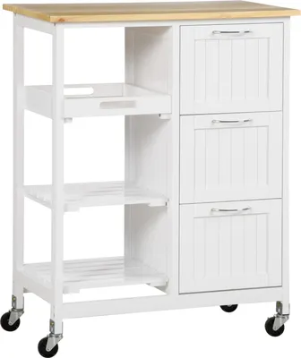 Produktbild von Küchenwagen, Servierwagen mit 3 Schubladen, 3 Ebenen, Arbeitsplatte, Küchenrollwagen, Aufbewahrungswagen, Weiß, 67 x 37 x 85 cm