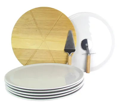 Produktbild von 6er Set Retsch Arzberg Pizzateller Ø 33cm inkl. Echtholz Pizzabrett Ø 35cm Edelstahl Pizzaschneider & Pizzaheber
