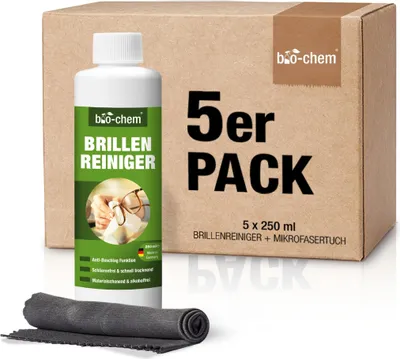 Produktbild von bio-chem Brillenreiniger mit ANTI-BESCHLAG-Funktion, Schutz vor beschlagenen Brillen, Anti-Fog-Spray, 5x 250 ml Nachfüllflasche (1250 ml) + Premium Mikrofasertuch/Brillenputztuch