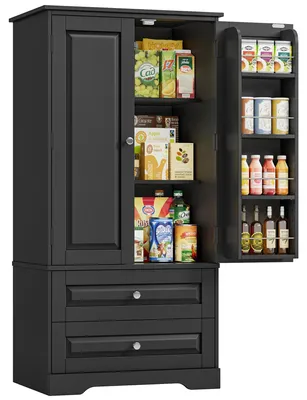 Zdjęcie produktu dla Szafka kuchenna na zapasy – wysoka szafka bufetowa – 2 drzwi, 2 szuflady – regulowane półki – płyta MDF – 60 x 40 x 120 cm – czarna