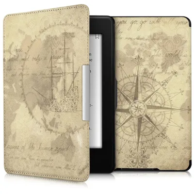 Produktbild von kwmobile Schutzhülle für Amazon Kindle Paperwhite Hülle - eReader Flip Case mit Auto Sleep Funktion - Travel Vintage mit Braun Hellbraun