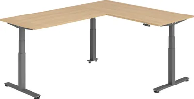 Produktbild von bümö Eckschreibtisch elektrisch höhenverstellbar L-Form - Gestell: Graphit, Nachbildung: Eiche, Größe: Eckschreibtisch 180 x 240 cm