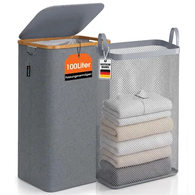 Immagine prodotto di Cesto per la biancheria Roxlin con coperchio, 100L – Contenitore pieghevole per la biancheria con sacca estraibile – Struttura in bambù e materiale resistente – Salvaspazio - Grigio