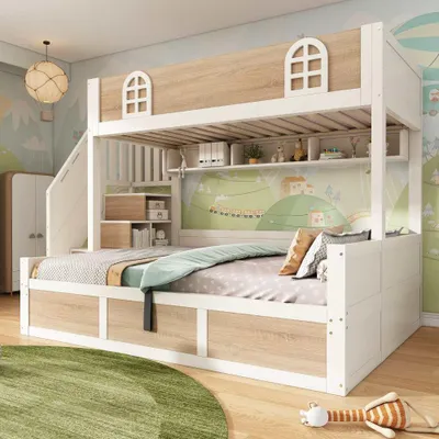 Produktbild von Hochbett für Kinder mit Stauraum und Treppenschrank, inklusive Lattenroste und Fallschutz, robustes Holzbett, Weiß/Natur - Größen: 90x200 und 140x200 cm