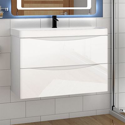 Badmöbel Set Weiß Hochglanz 80 cm Sofia Waschbecken mit Unterschrank Waschtisch