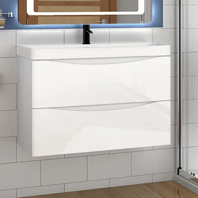 Produktbild von Badmöbel Set Weiß Hochglanz 80 cm Sofia Waschbecken mit Unterschrank Waschtisch