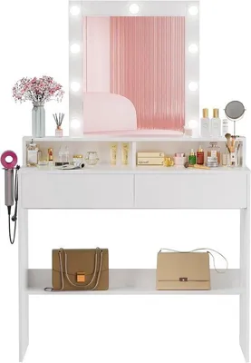 Productafbeelding van Kaptafel met Spiegel - Make-up Tafel Schminktafel - Ochtendroutine - Verstelbare LED-verlichting - 80 x 40 x 145 cm - Wit