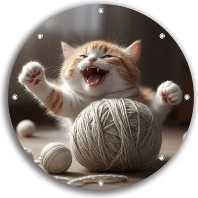 Produktbild von Wallario rundes Outdoor-Poster für Garten oder Balkon, Motiv Katze mit Wollknäuel, 30 cm Durchmesser