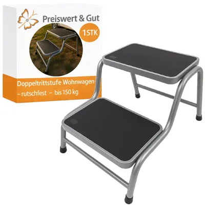 Produktbild von Doppeltrittstufe Wohnwagen aus Stahl – Rutschfeste Trittstufe mit H 2 (20/38 cm) 2 Stufen 150 kg Traglast für Wohnmobil
