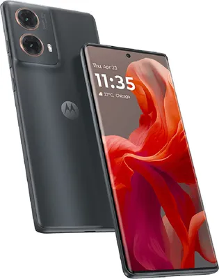 A Motorola smartphone is shown from the front and back.