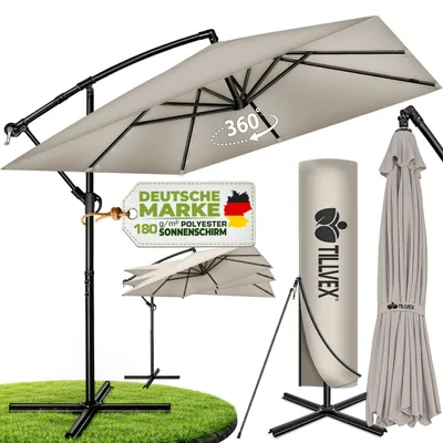 Produktbild von tillvex® Alu Sonnenschirm Rechteckig Ø 330 cm Grau + Abdeckung mit Kurbel | Ampelschirm Eckig mit Ständer | Gartenschirm UV-Schutz Aluminium | Kurbelschirm Marktschirm wasserdicht 360° drehbar, KI-generiertes Bild