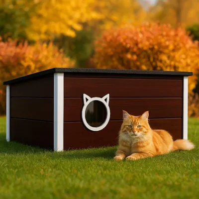 Zdjęcie produktu dla QLS Izolowany drewniany domek dla kota 73×52×38 cm Kurtyna Odporna na warunki atmosferyczne Brązowy Biały 11393