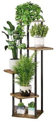Image de Étagère à plantes et support à fleurs - Étagère à plantes à 5 niveaux - Structure en métal avec étagères en bois - Support d'angle haut - Stable et anti-basculement - Idéale pour le salon, le balcon ou la chambre