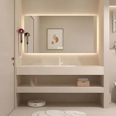 Produktbild von Wandhängendes Badmöbel-Set mit Sinterstein-Waschbecken, LED-Spiegel, Ablagebrett und Ablaufgarnitur 110×55 cm【CB303-110】