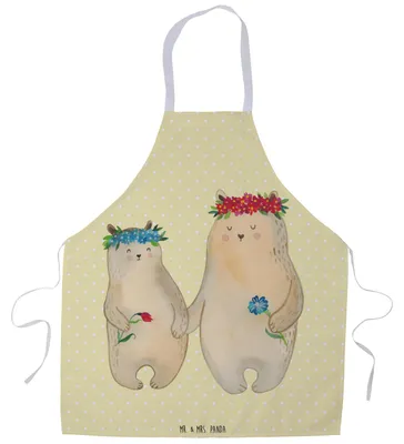 Produktbild von Mr. & Mrs. Panda Küchenschürze Bären mit Blumenkranz - Gelb Pastell - Geschenk, Gastro Schürze, Kinder, Mutti, Bär, Mama, Grillmeister, Kochschürze, Muttertag, Mutter