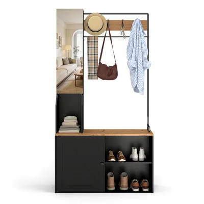 Productafbeelding van Puluomis Garderobekast met spiegel en schoenenbank, multifunctionele kledingrek met opbergplank, 4 dubbele haken, 90 cm, zwart