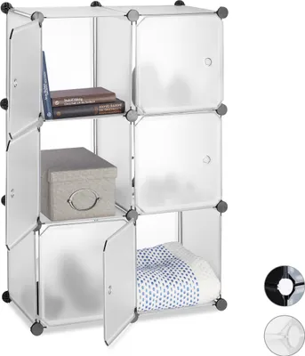 Obrázok produktu pre Relaxdays Regálový systém s 6 dvierkami, na montáž, kocky, otvory na úchytky, deliaca stena, kúpeľňový regál, plast, rozmery 98 x 66 x 32 cm, priehľadný