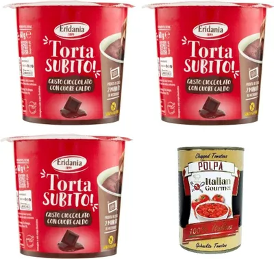 Produktbild von Eridania- Torta Subito! Gusto Cioccolato Schokoladengeschmack mit warmer Herznote 3x 60 g + Italian Gourmet polpa 400gr