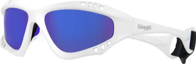 Produktbild von Glogglz® Finz Polarisierte Sport-Sonnenbrille - Weiß mit Blauen Spiegellinsen - Anti-Beschlag - Ideal für Aktive Sportarten und Wassersport