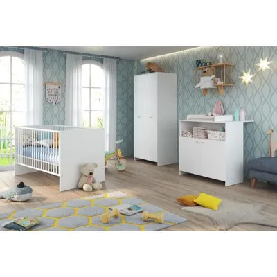 Image de NIKO Chambre de bébé complète : lit 70 * 140 cm + commode + armoire - blanc