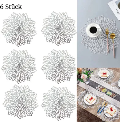 Immagine prodotto di 6 tovagliette, tovagliette lavabili, resistenti al calore e antiscivolo, ideali per cucina, feste, matrimoni ecc, argento, 38 cm, rotonde, 6 pezzi