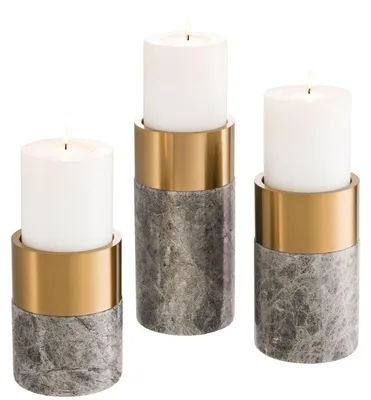 Image de Casa Padrino Luxe Set de bougeoirs Gris / Laiton - 3 bougeoirs ronds en marbre - Qualité Luxe - Accessoires Déco