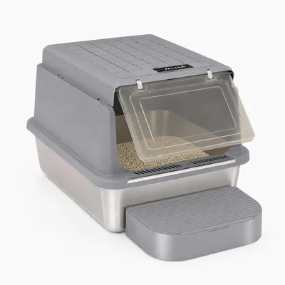 Produktbild von Katzenklo Edelstahl 2er Set, XXL Katzentoiletten, Dunkelgrau Geschlossene Katzenklo Groß, mit Schaufel und Fußstufe, 120° Klappdeckel, Leicht zu Rein