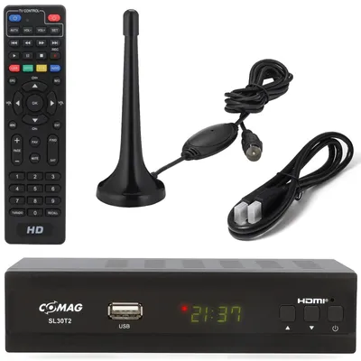 Produktbild von Comag SL30 DVB-T2 Receiver + aktive Zimmerantenne + HDMI Kabel, HDTV für frei Empfangbare DVB-T2 Sender mit USB TV Aufnahme (PVR Ready)