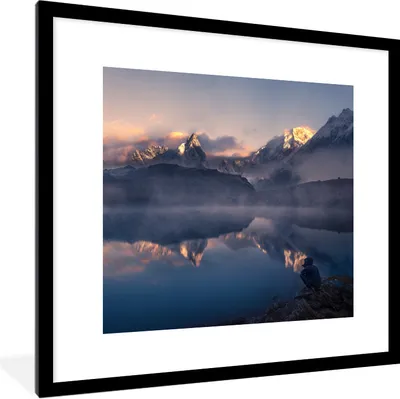 Produktbild von MuchoWow® Gerahmtes Poster Landschaft - Wasser - Berg - Schnee - Sonnenuntergang 40x40 cm - Poster mit Schwarzem Bilderrahmen Wandposter Rahmen Foto Bilder - Poster - Plakat im Rahmen