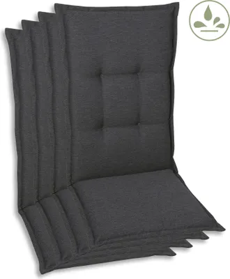 A stack of dark gray chair cushions.