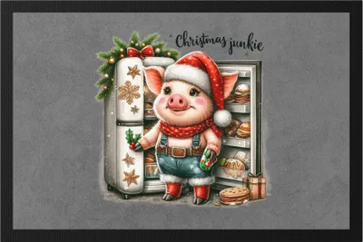 Produktbild von Christmas Junkie Lustiges Schweinmotiv Fußmatte Geschenkidee witziges Design Weihnachten