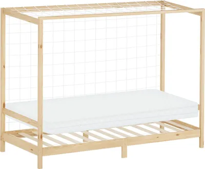 Obrázok produktu pre ML-Design detská posteľ futbalová bránka 90x200 cm jednolôžko s matracom H:10cm prírodná drevená posteľ s lamelovým roštom a sieťou posteľ pre mladých z borovicového dreva hádzanárska bránka
