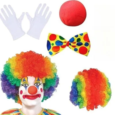 Imagen del producto de Conjunto de disfraz de payaso de 4 piezas, incluye peluca de arcoíris, nariz, corbata y guantes, ideal para Halloween